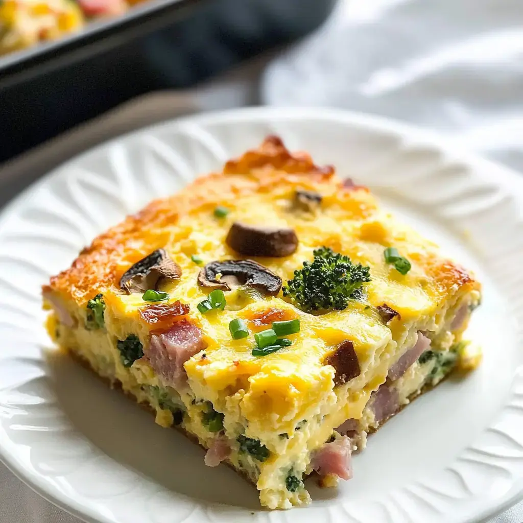 A golden slice of egg casserole with broccoli, mushrooms, and green onion on a white plate.