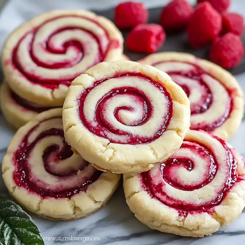 Close view of raspberry swirl cookies on marble with fresh raspberries nearby.