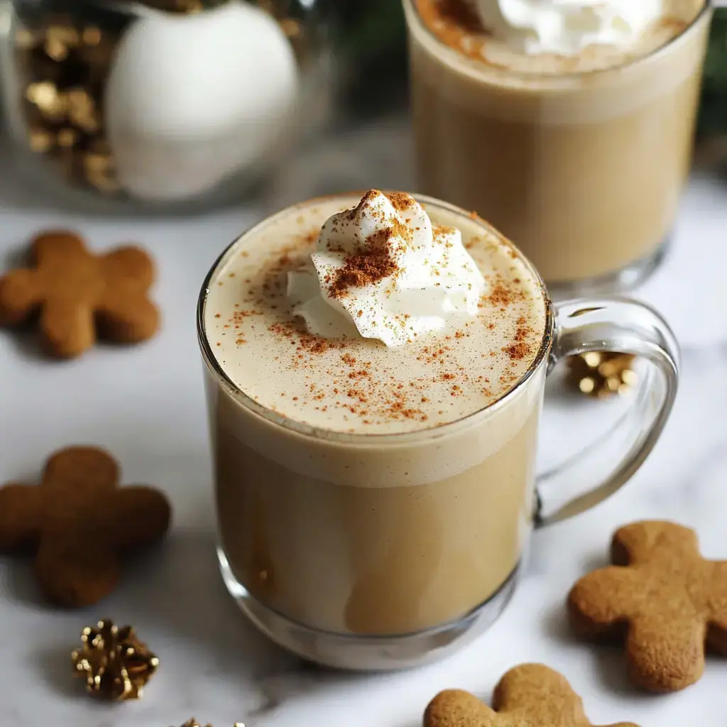 Close-up of a creamy coffee topped with whipped cream and cinnamon, surrounded by gingerbread cookies and festive decor.