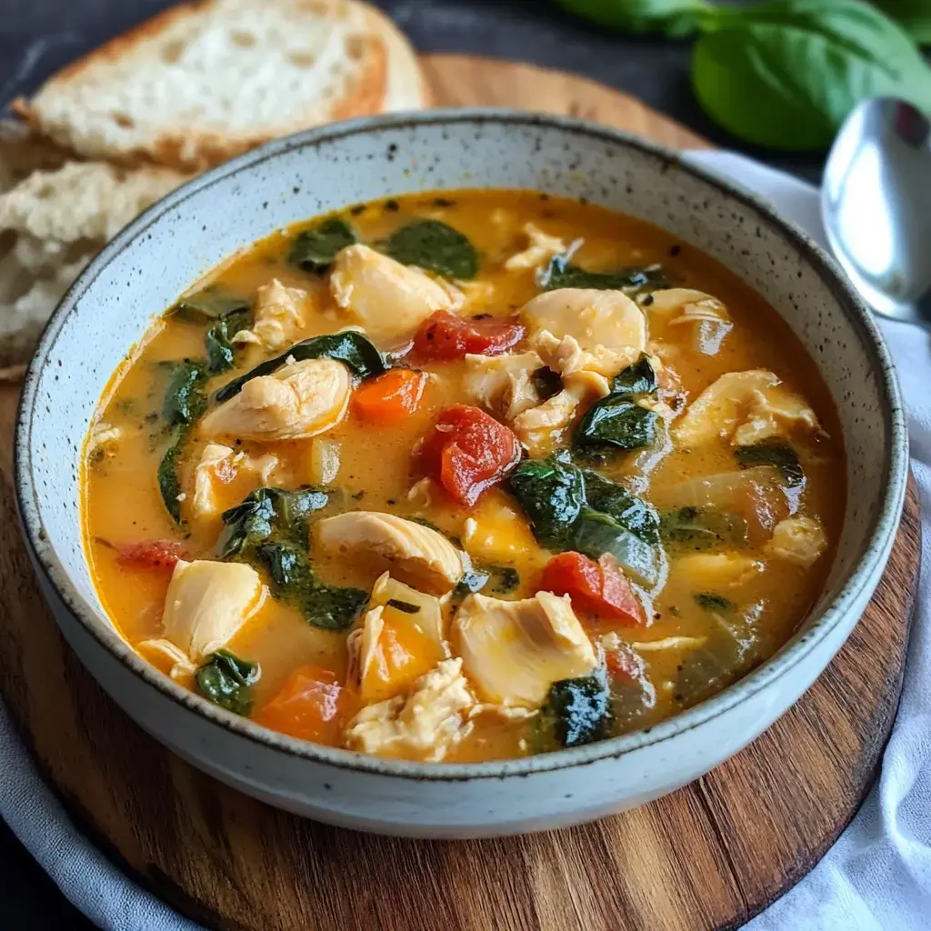 A bowl of creamy chicken soup with fresh veggies, spinach on top, served with bread slices on a wooden plate.