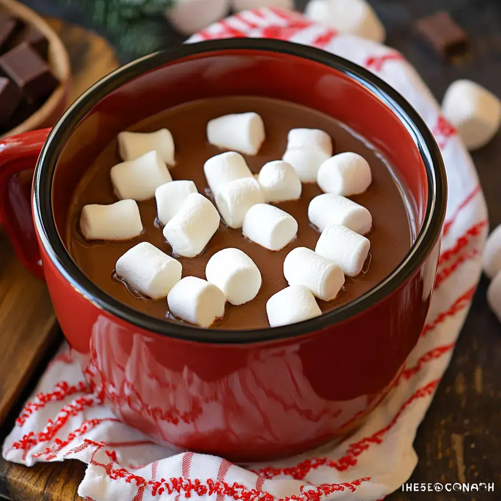 A cozy red mug of hot chocolate filled with marshmallows, placed on a striped cloth and surrounded by bits of chocolate.