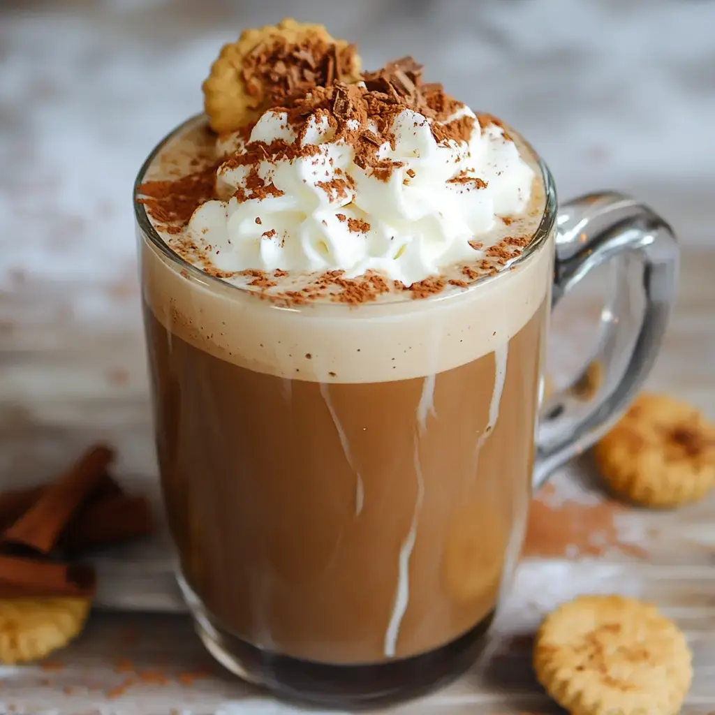 A warm drink in a glass mug, topped with chocolate shavings, whipped cream, and a cookie. There are cookies and cinnamon sprinkled around on a rustic table.