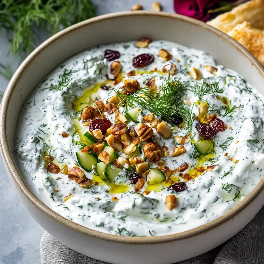 Creamy yogurt dip with cucumber, nuts, dried fruit, and olive oil, surrounded by fresh dill sprigs.