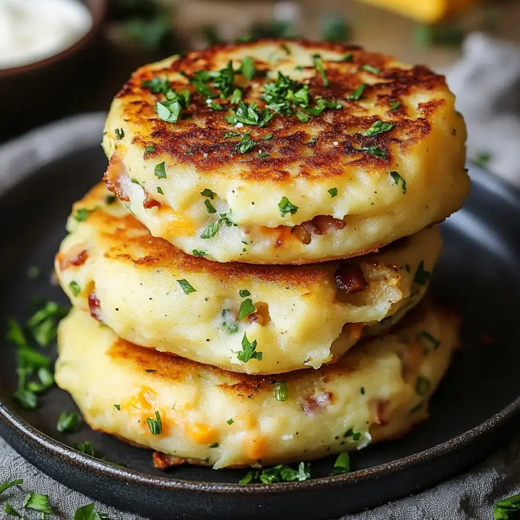 Three crispy potato patties stacked on a plate, sprinkled with fresh parsley.