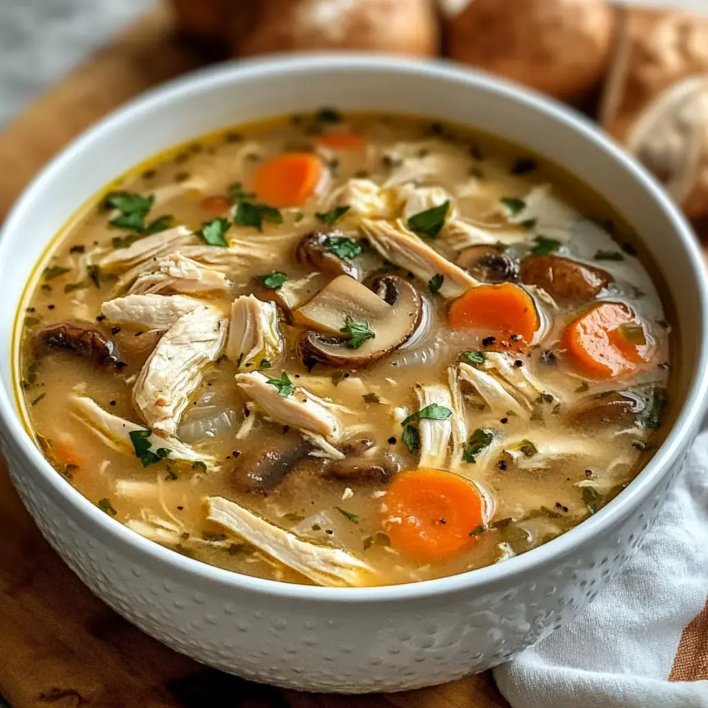 A cozy chicken soup with shredded chicken, mushrooms, carrots, and herbs.