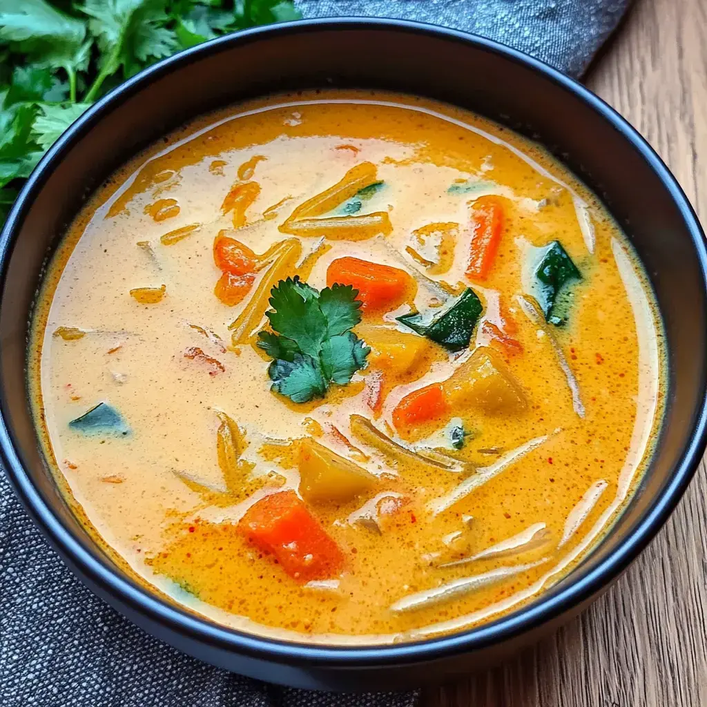 A creamy bowl of colorful veggie curry topped with fresh cilantro.