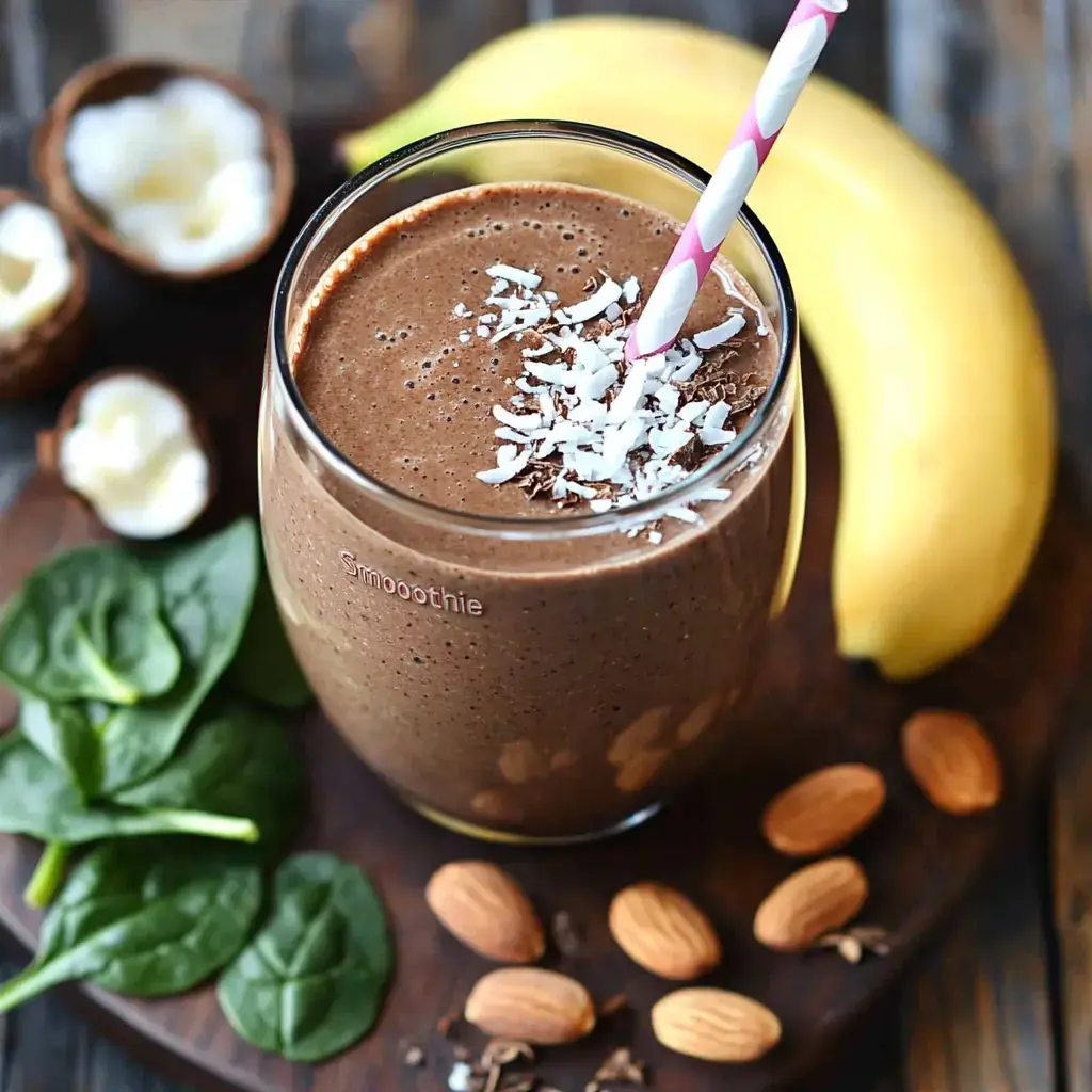 Chocolate coconut drink in a glass topped with flakes, with spinach, almonds, and banana nearby.
