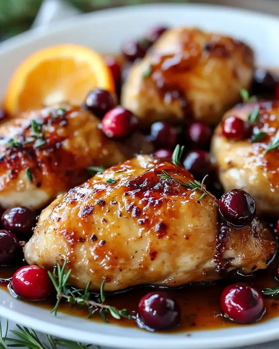 Close-up of glazed chicken thighs with cranberries and thyme, garnished with a slice of orange.