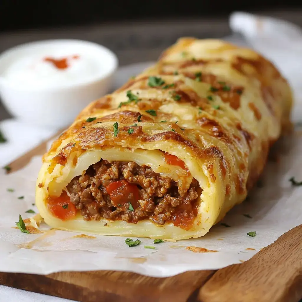 Golden potato roll filled with seasoned beef slices, garnished with parsley, and served next to a small dipping sauce bowl.