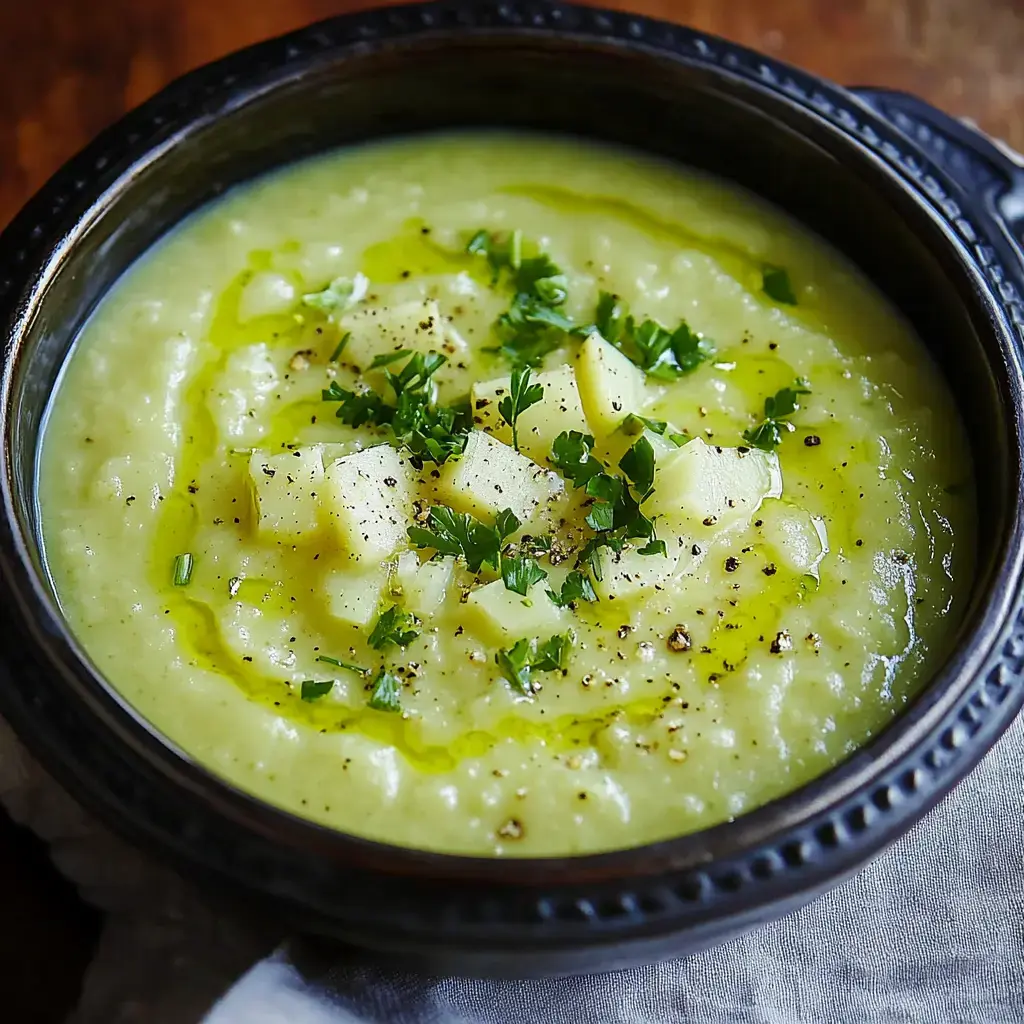 A creamy green soup in a bowl topped with diced apples, olive oil drizzle, and green herbs.