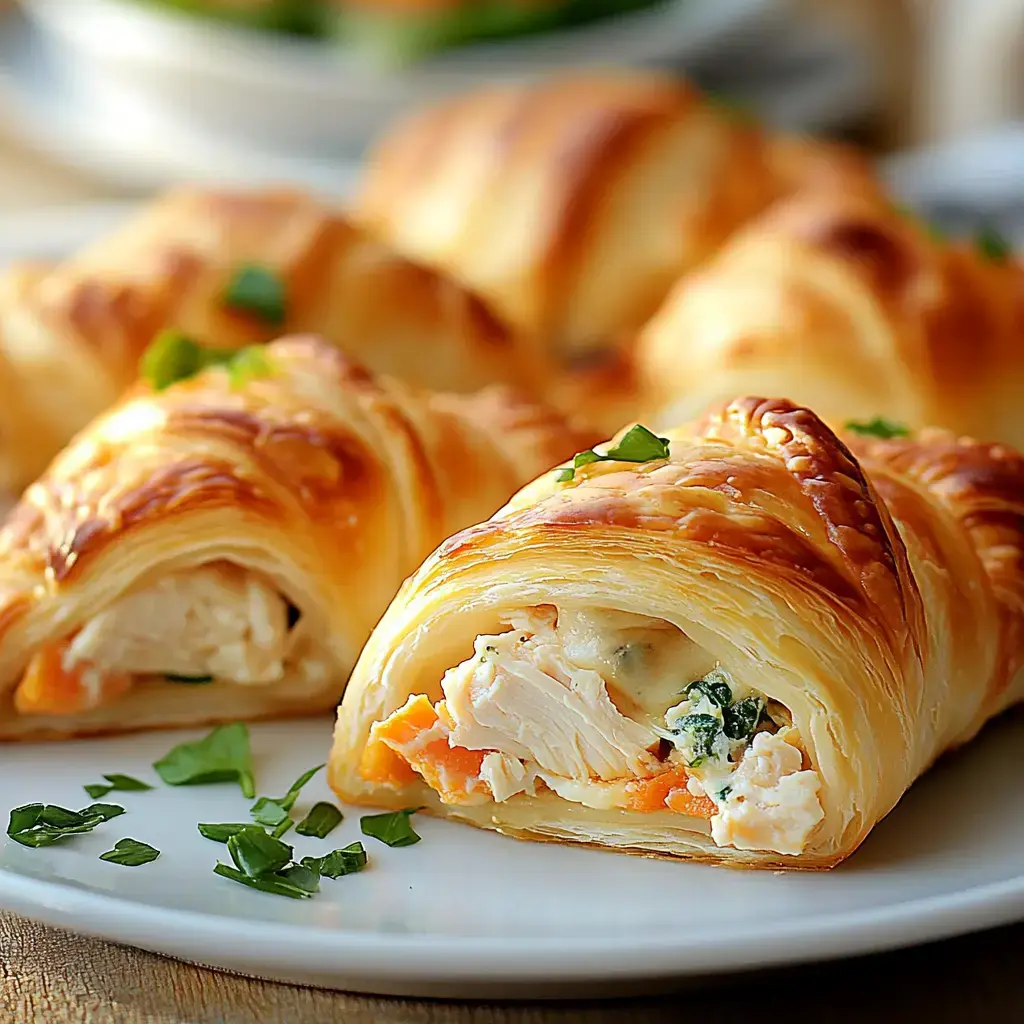 Close-up of flaky chicken-filled pastries with chopped herbs, served on a white plate.