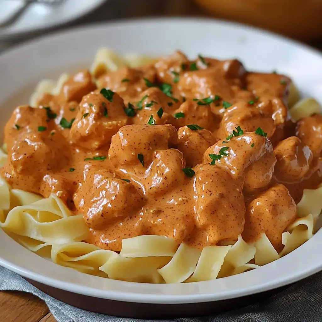 A plate of creamy orange chicken sauce sitting over fettuccine, decorated with parsley on top.