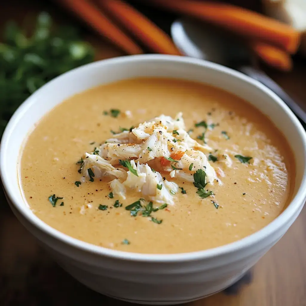 A creamy soup topped with crab and herbs, ready to enjoy.