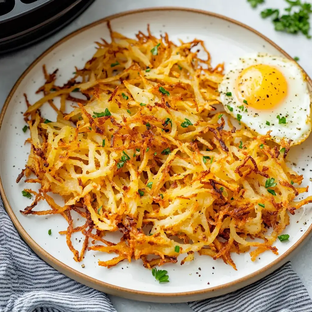 A plate of crispy, golden hash browns next to a fried egg with parsley garnish.