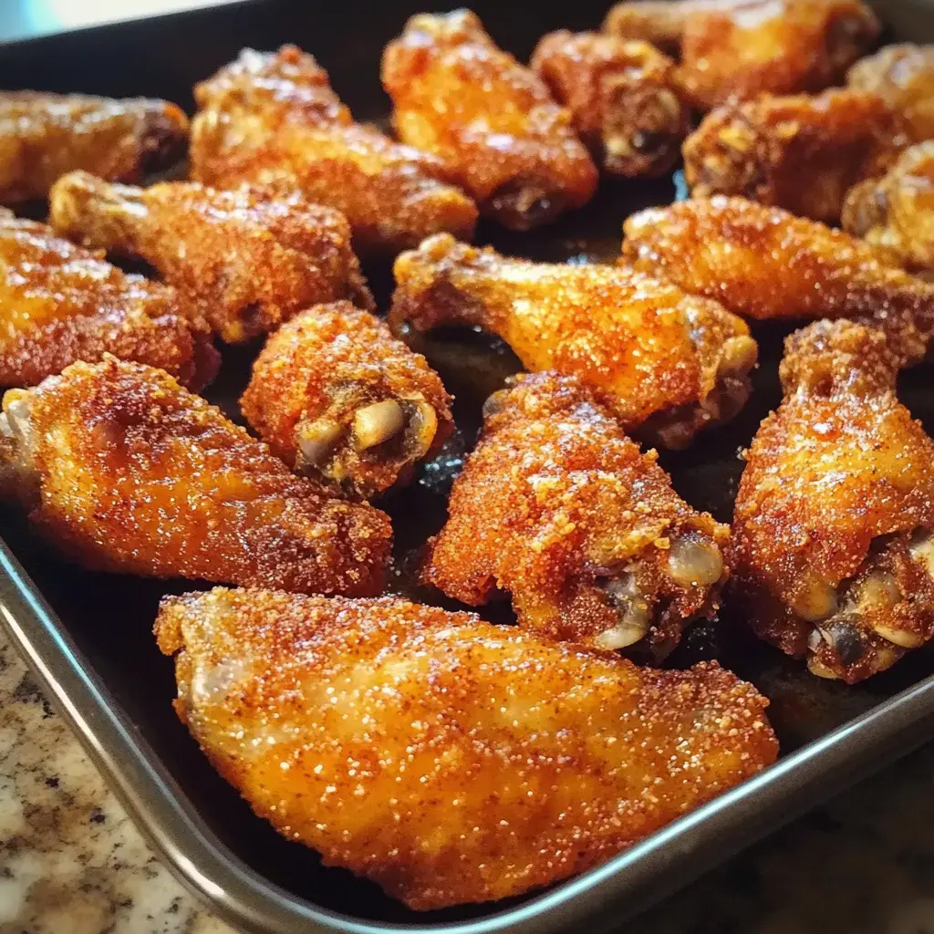 Seasoned wings crispy and golden on a dark tray.