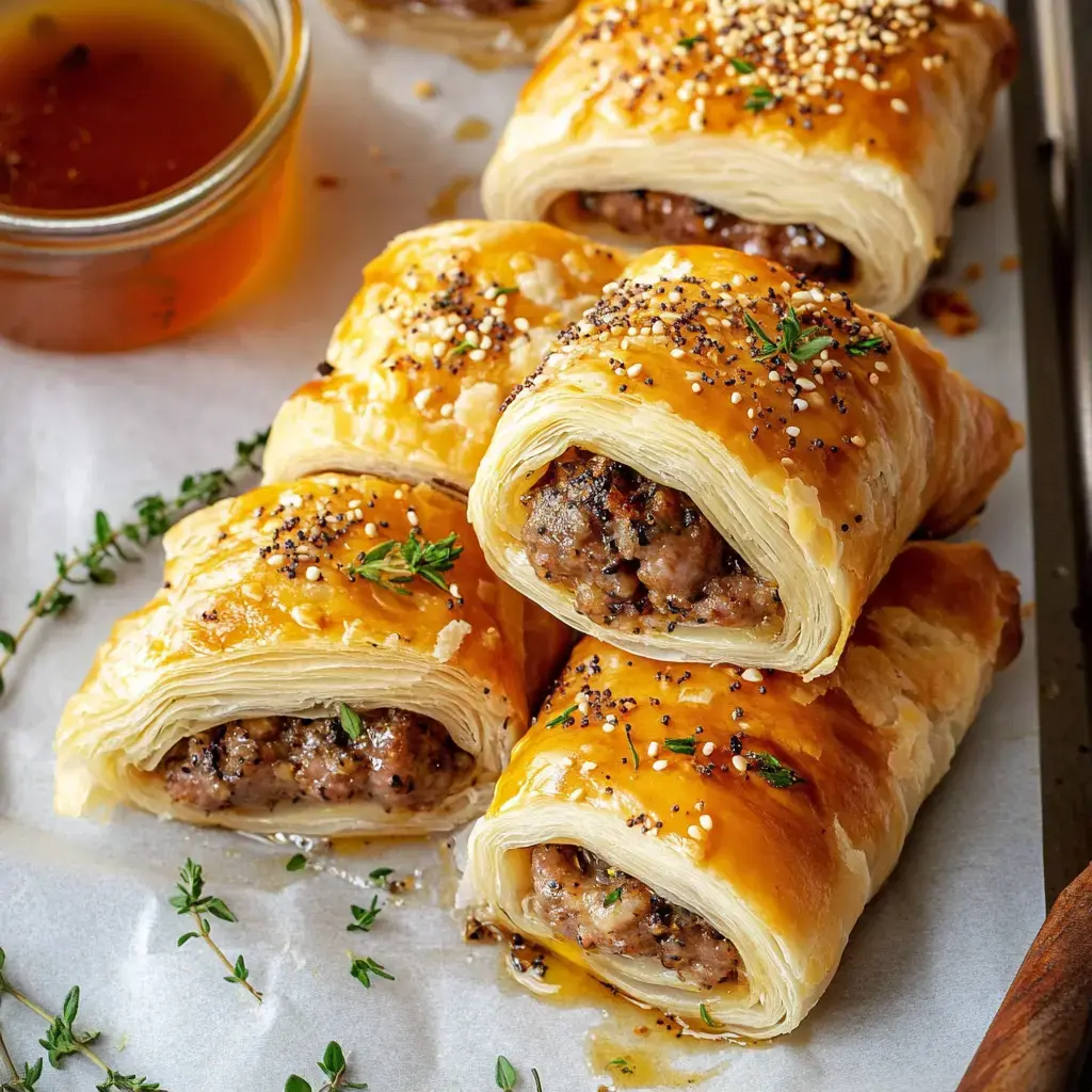 Golden puff pastry rolls stuffed with flavorful sausage, garnished with herbs and served with a dipping sauce jar.