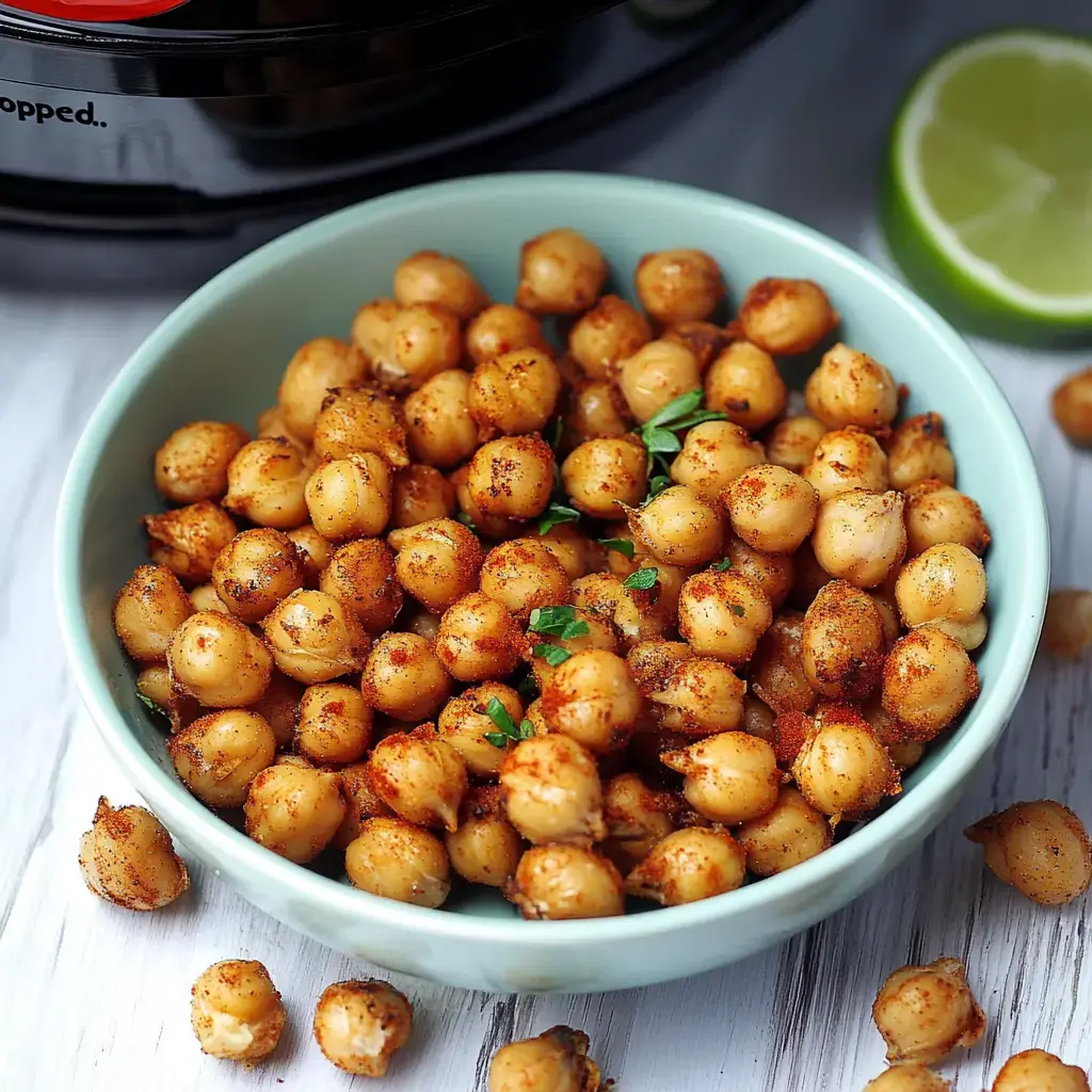 Crispy, spiced chickpeas in a bowl with lime and herbs, and some scattered around.
