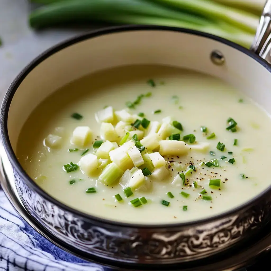 A bowl of creamy celery soup garnished with diced potatoes and green onions.