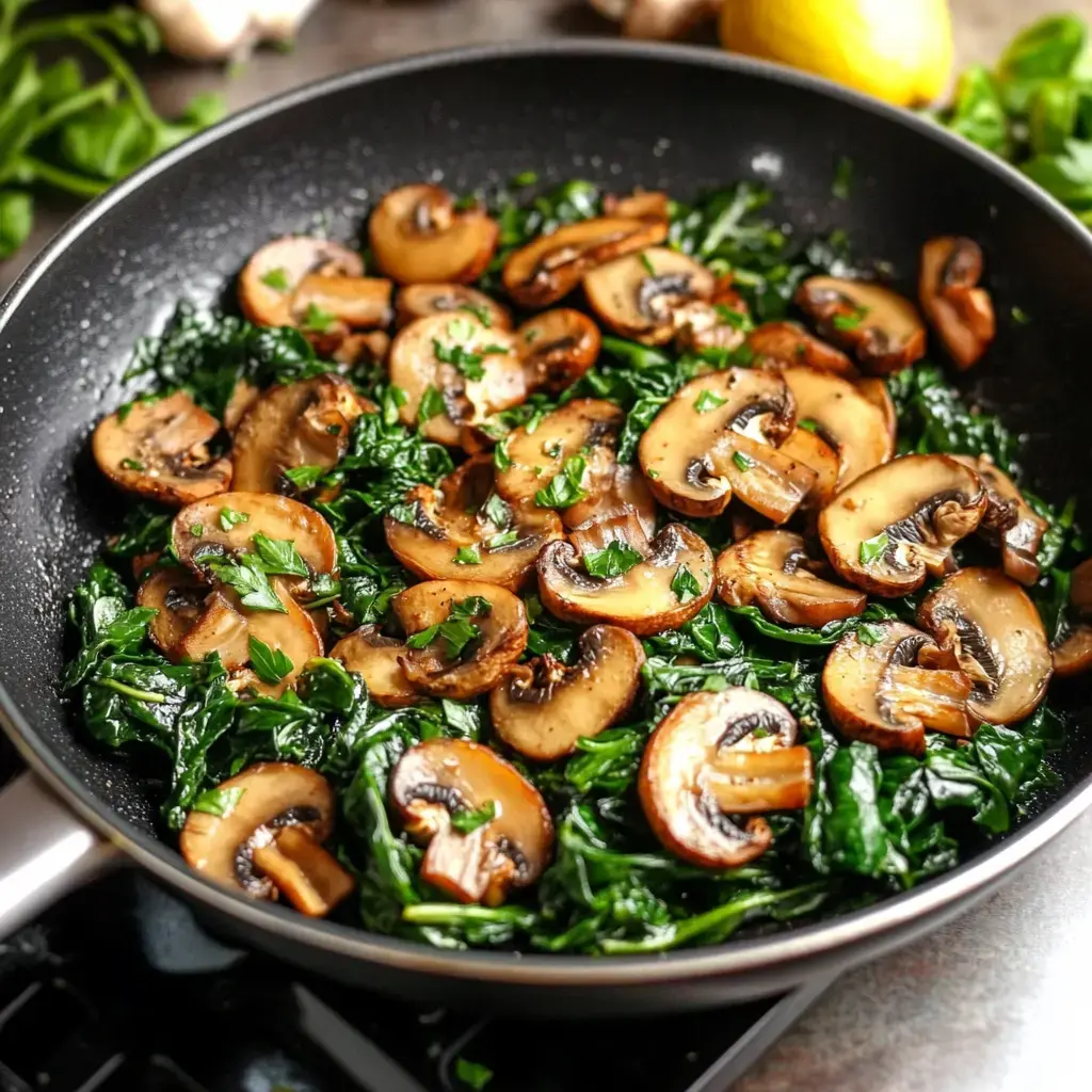 A pan of mushrooms and spinach with fresh herbs on top.