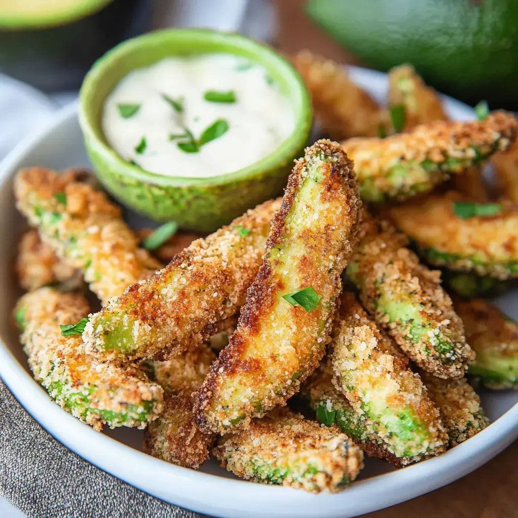 A plate of crispy avocado slices with a green dip bowl on the side.
