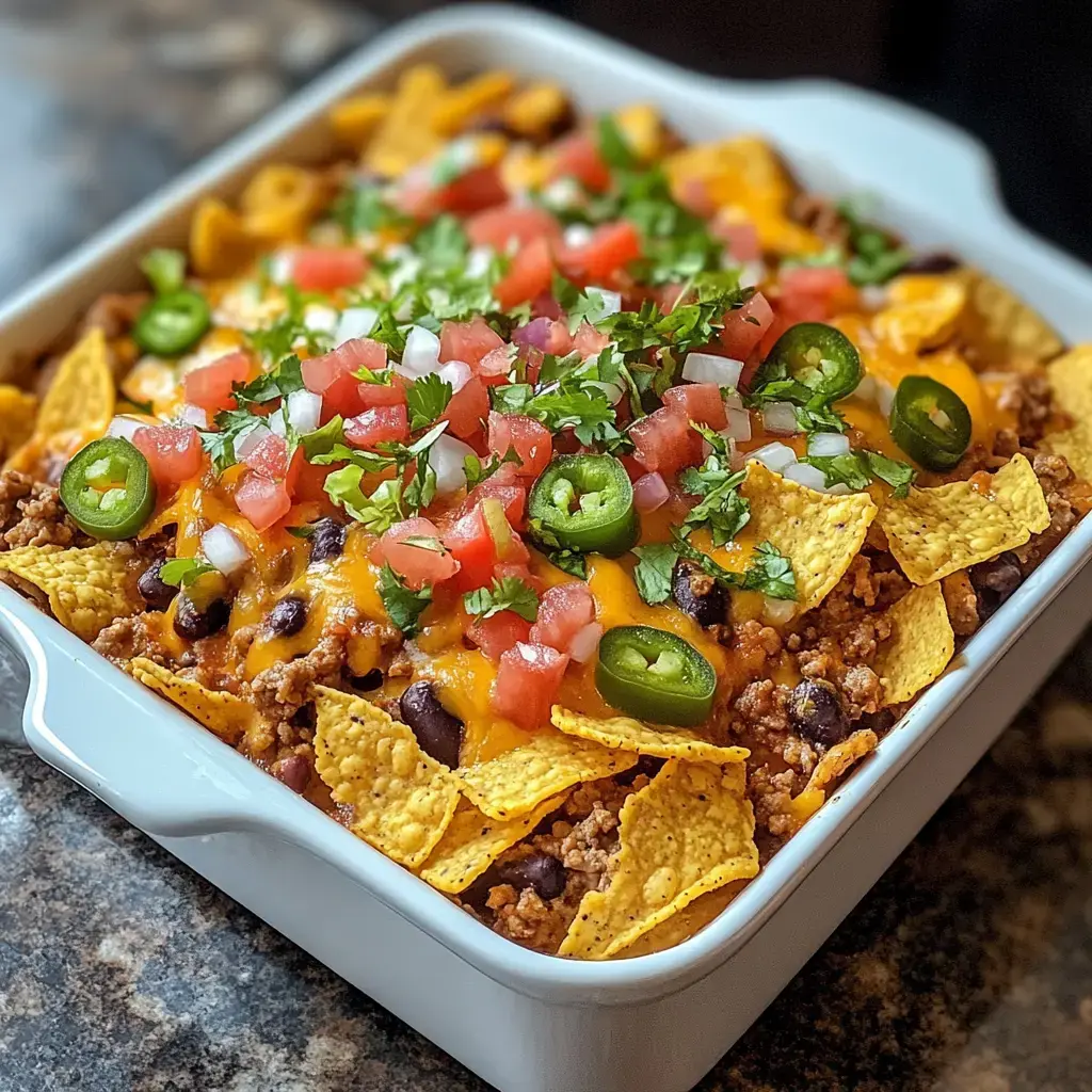 A tray of crispy chips layered with beef, beans, melted cheese, jalapeños, tomatoes, onions, and cilantro.