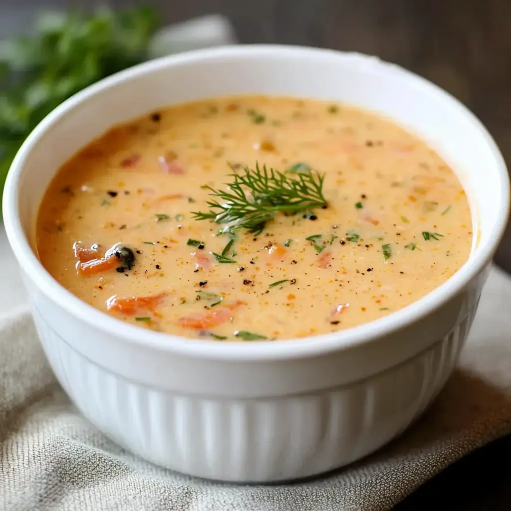 Smooth soup with herbs and fresh salmon in a white bowl.