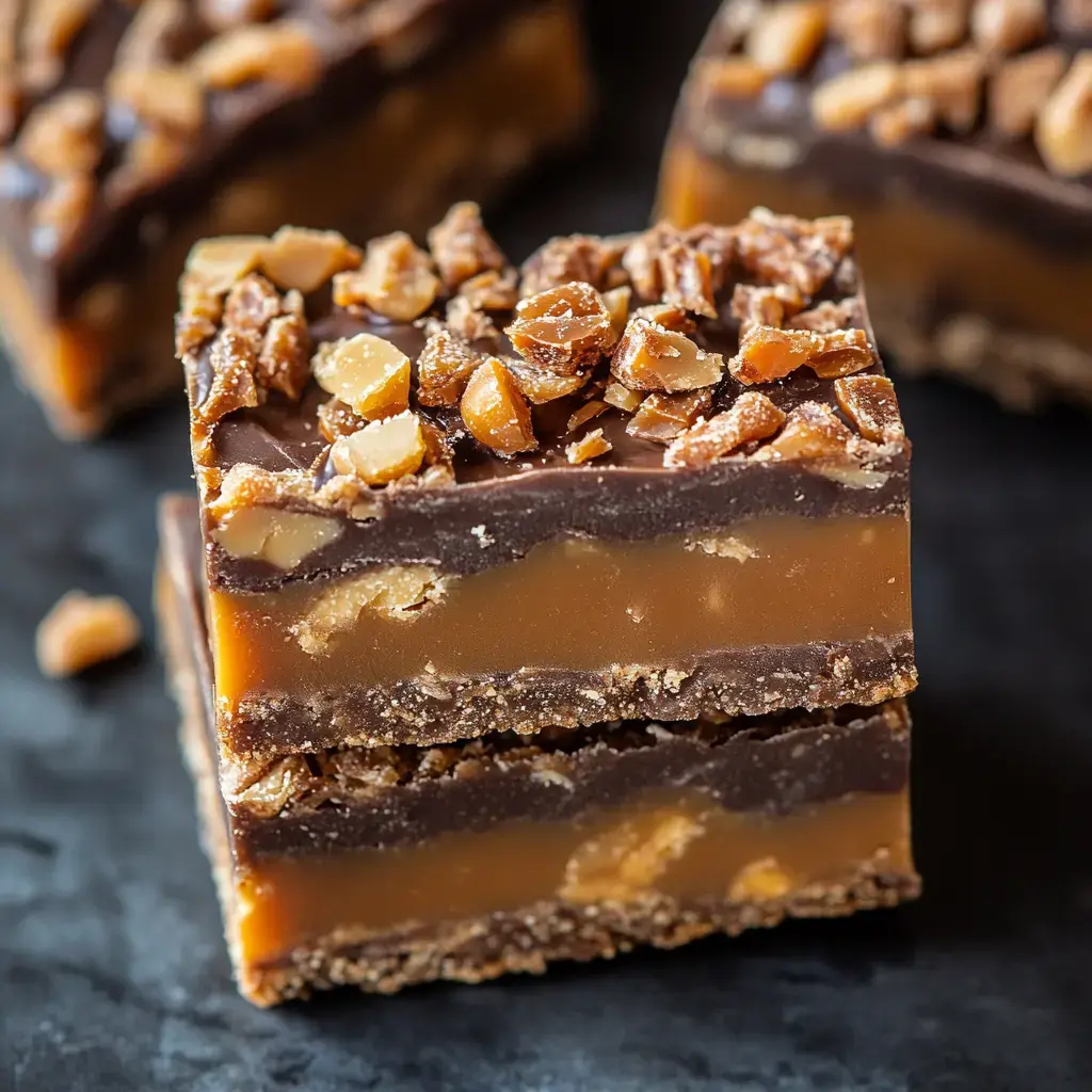 Close-up of caramel and chocolate bars layered with crushed candy and nuts.