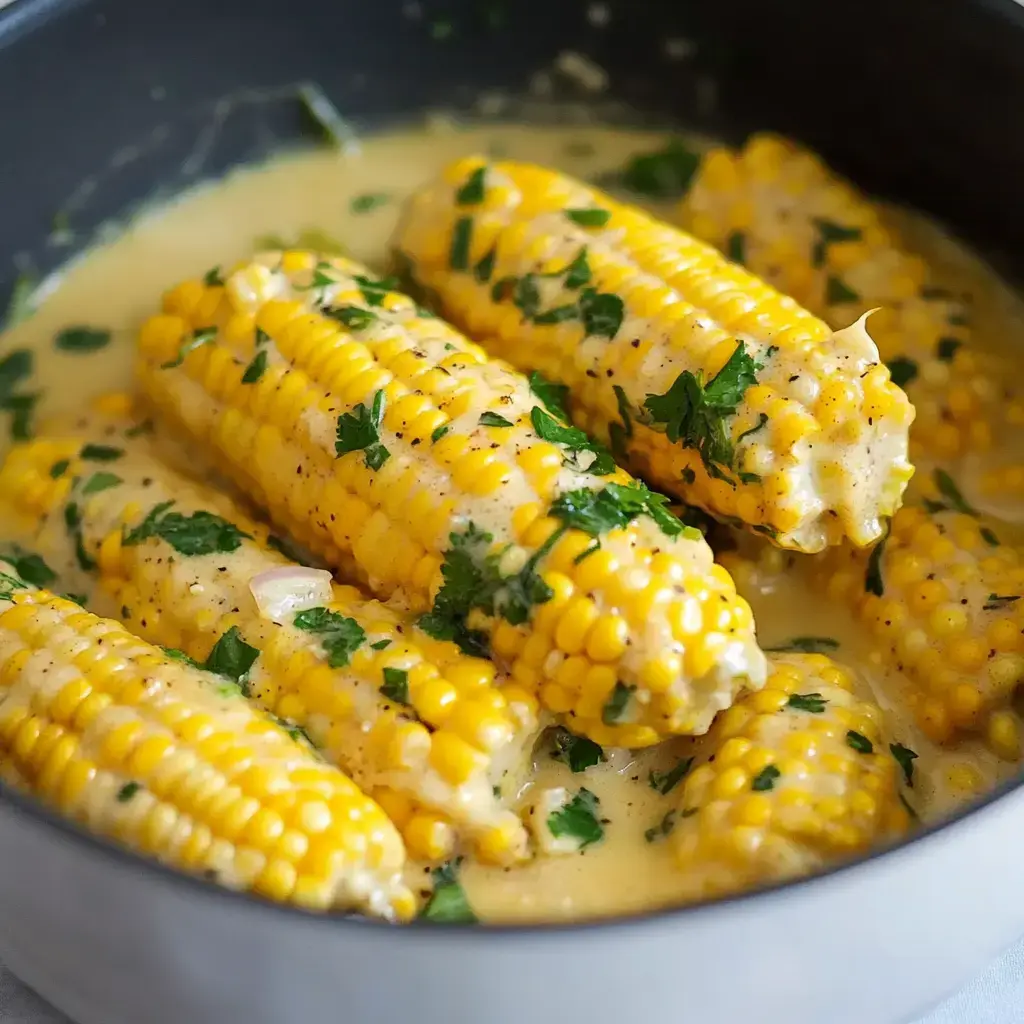 A pot full of corn on the cob drenched in a creamy, herb-filled sauce, topped with fresh cilantro.