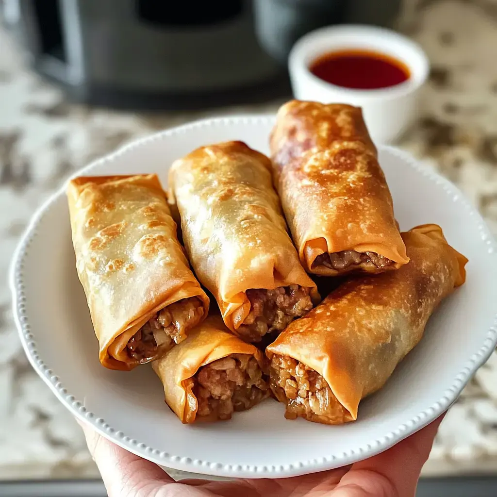 A hand holding a plate of five crispy, golden egg rolls beside a small dipping sauce bowl.