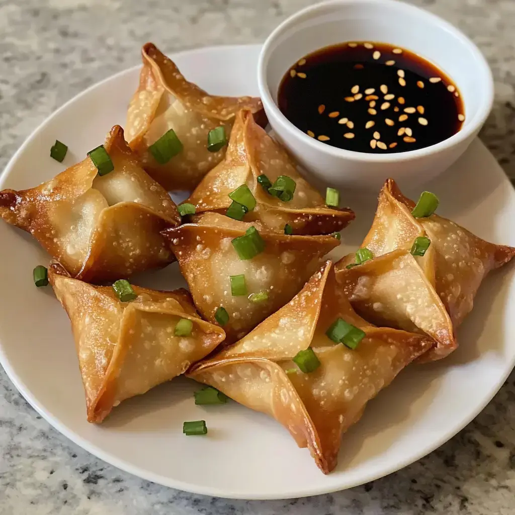 Crispy golden wontons on a plate with sliced green onions and a small bowl of dark dipping sauce.