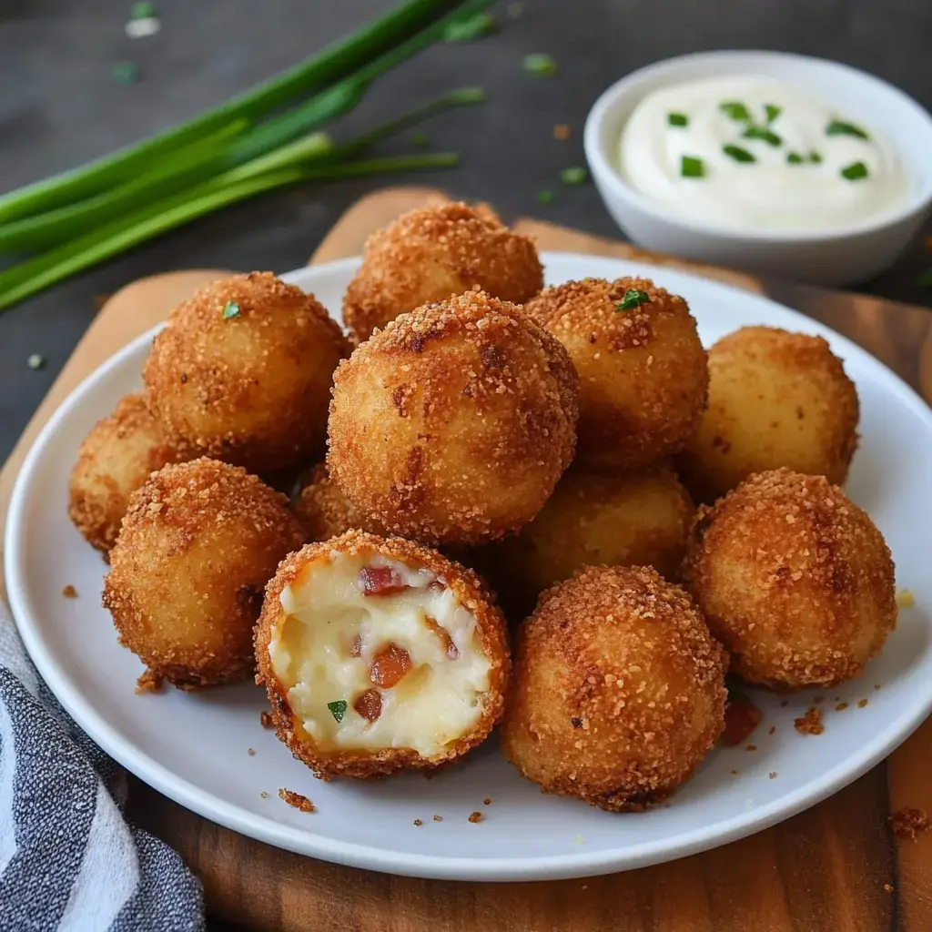 Crispy potato balls filled with gooey cheese and bacon, served with tangy dipping sauce.