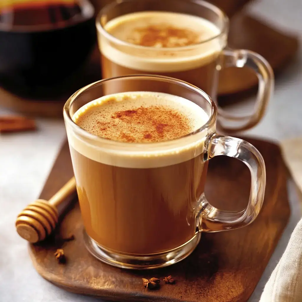 Two mugs of frothy coffee with cinnamon on top, sitting on a wooden tray with honey and spices nearby.