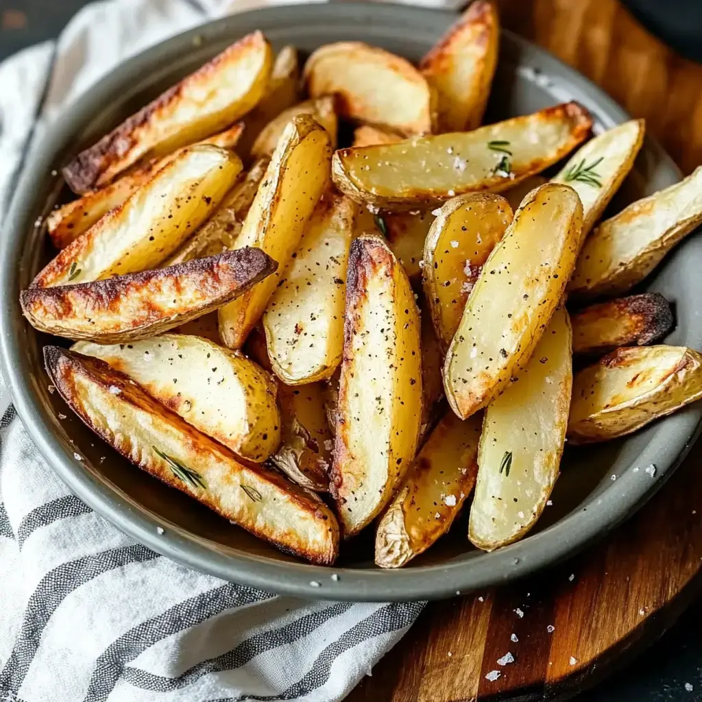 Crispy, golden potato wedges on a plate with salt and pepper.