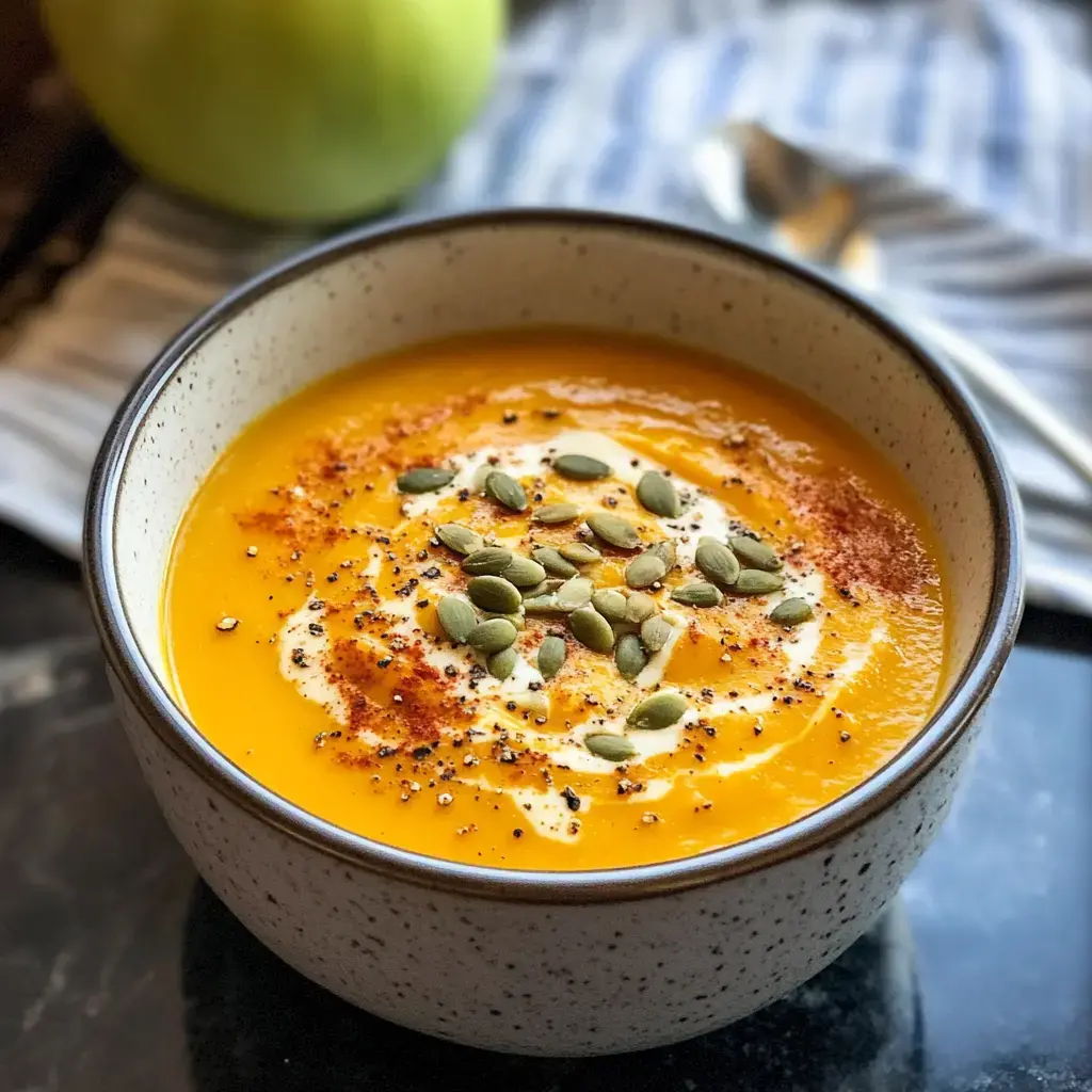 A bowl of thick orange soup swirled with cream and topped with seeds and spices. A blurred apple sits in the background.