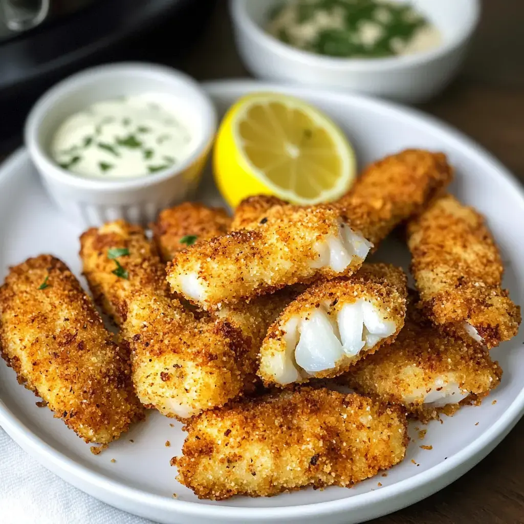 Crispy golden fish strips served alongside lemon slices and dipping sauces.