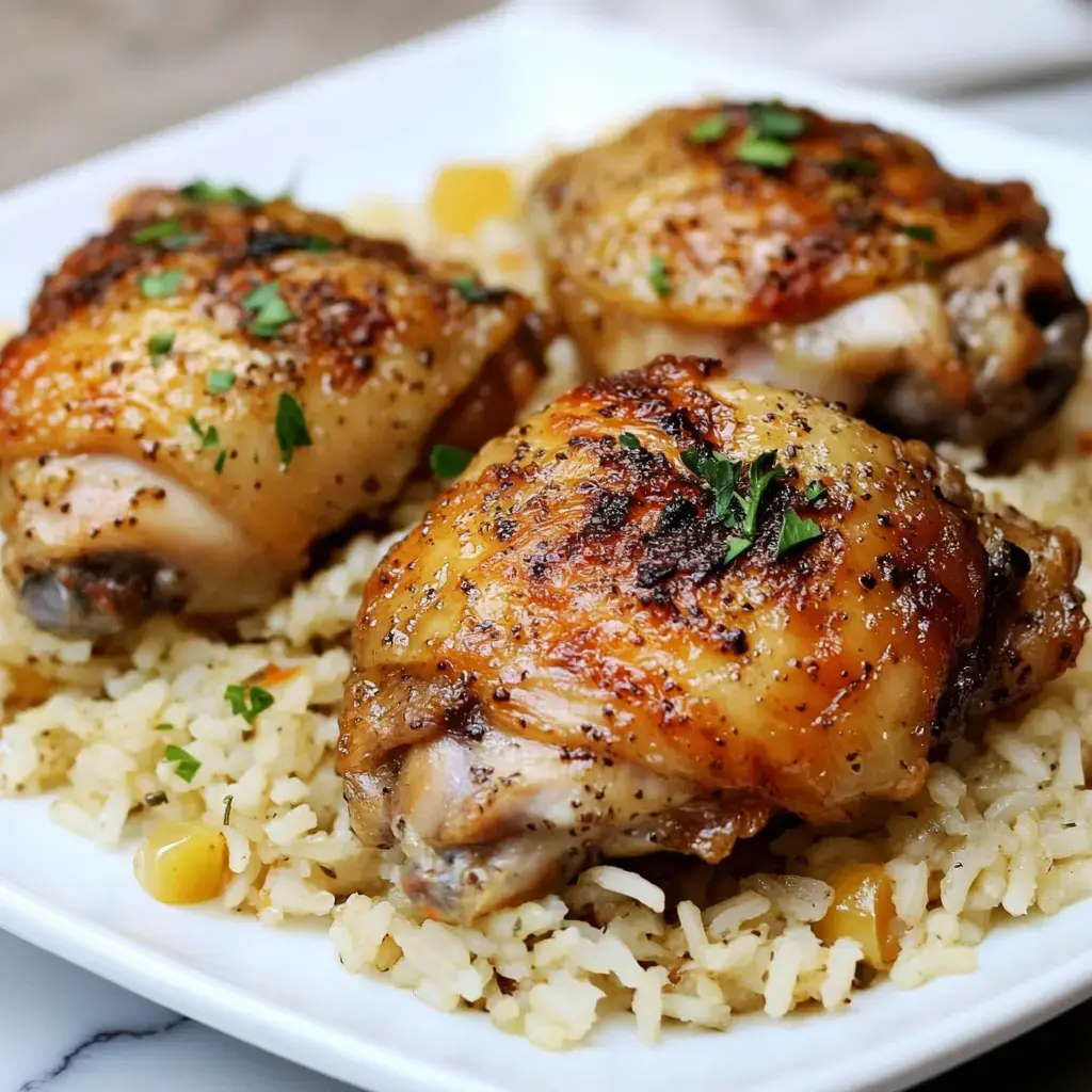 Golden chicken on seasoned rice with fresh herbs on a plate.
