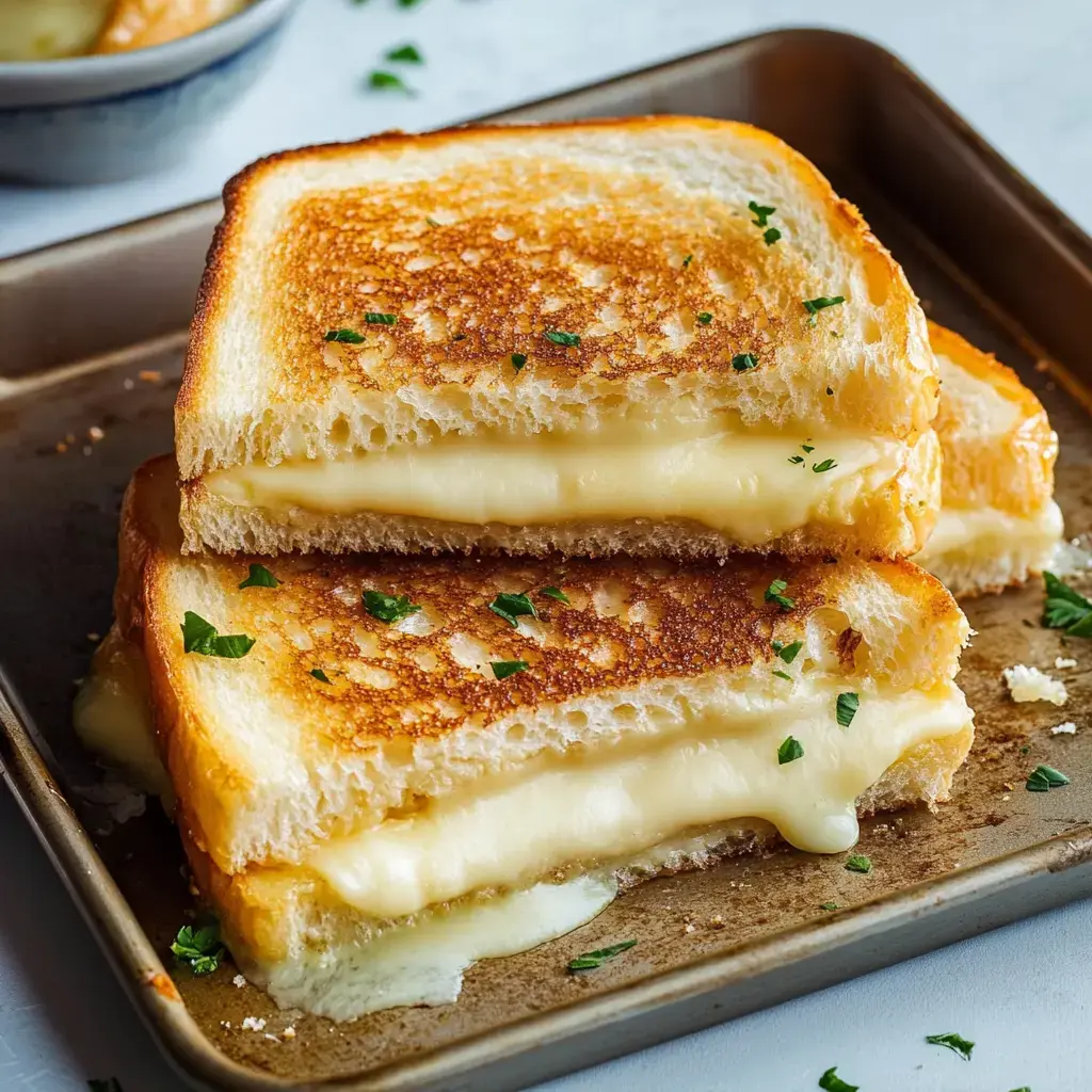 Golden-brown grilled cheese sandwiches oozing with cheese, served on a metal tray with fresh herbs.
