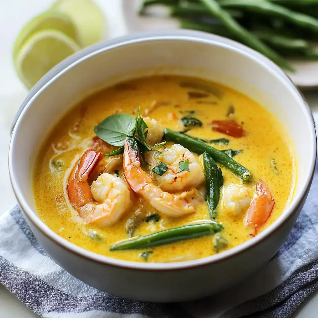 Creamy shrimp curry bowl with green beans and basil, lime wedges on the side.