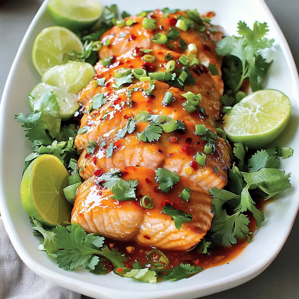 Plate of salmon topped with sauce, chopped herbs, and lime wedges.