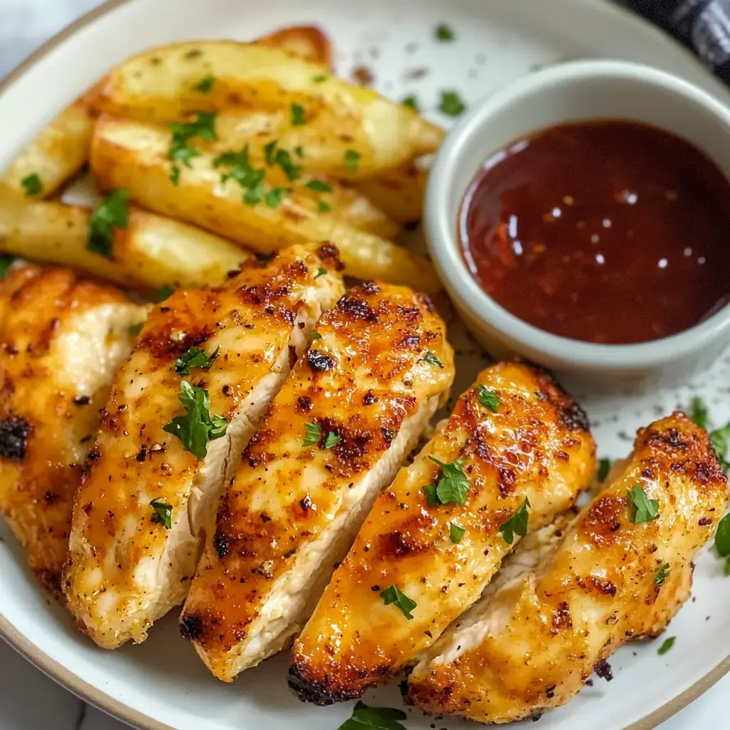 Golden chicken strips with parsley, crispy potato wedges, and a dipping sauce served on a plate.