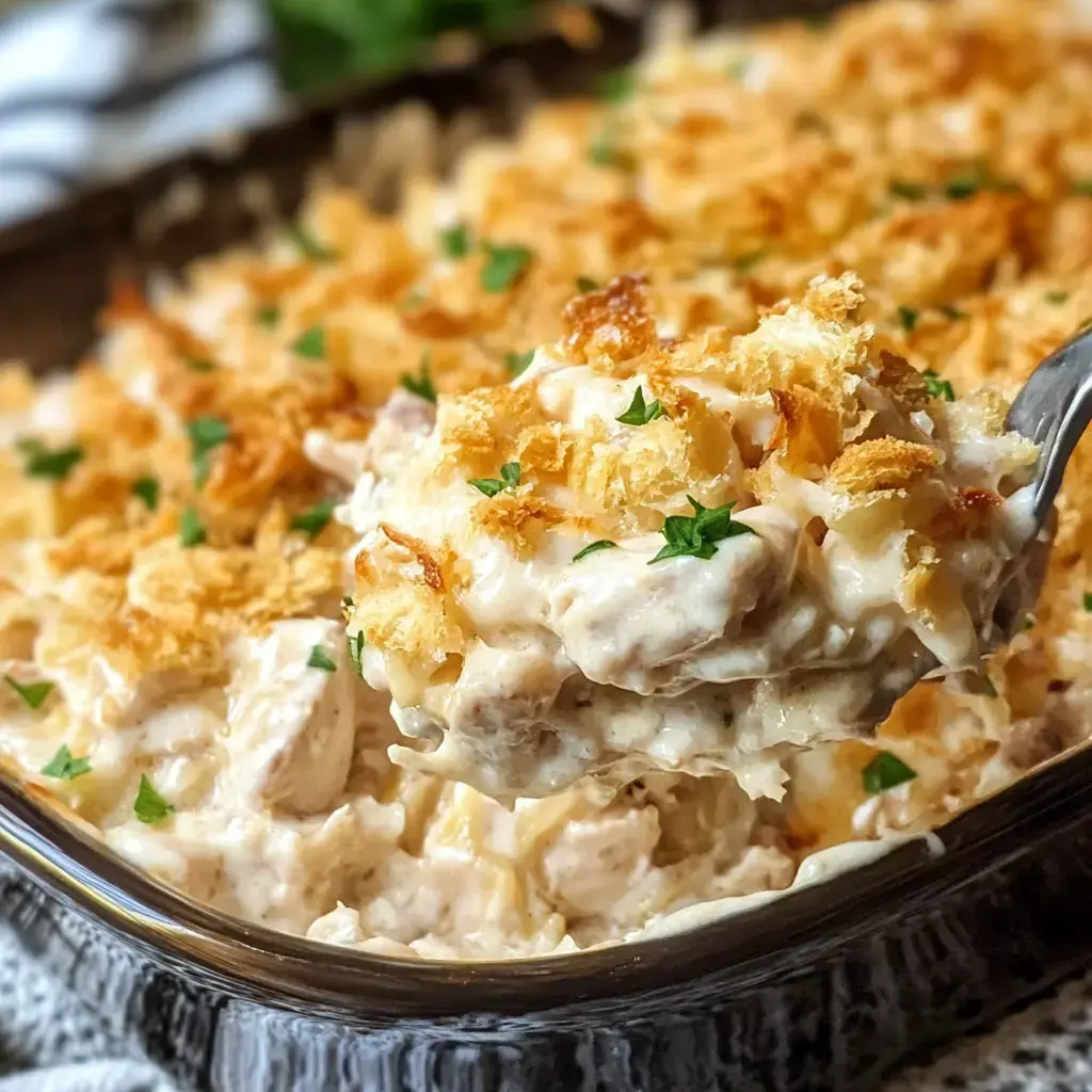 A creamy chicken bake with a crispy cracker topping and a sprinkle of parsley on a spoon, with the dish behind it.