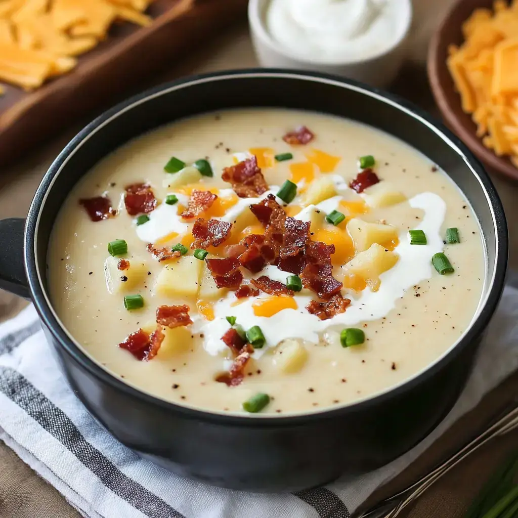 A black bowl holding creamy soup with crispy bacon, cheddar, sour cream, and vibrant green onions.