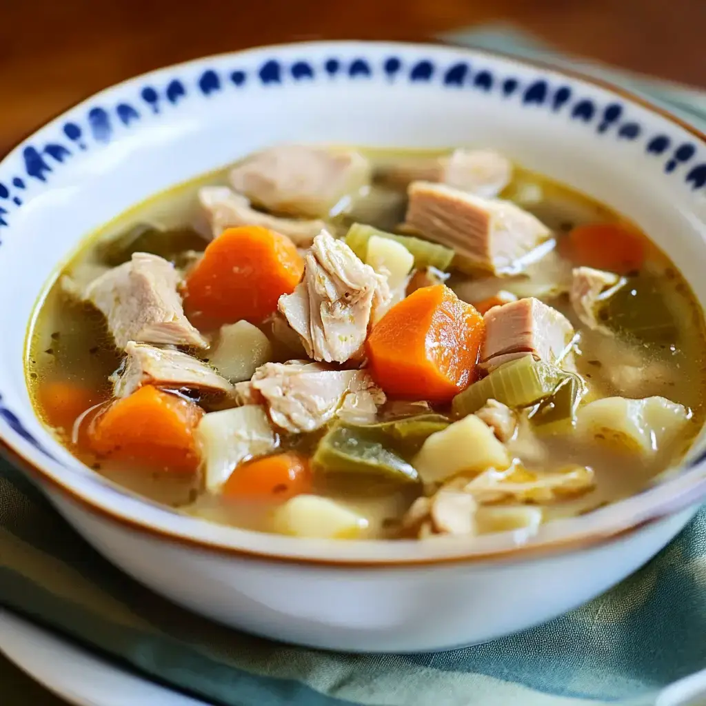 A cozy turkey soup bowl packed with tender turkey chunks, veggies like carrots and green beans, and a golden broth.