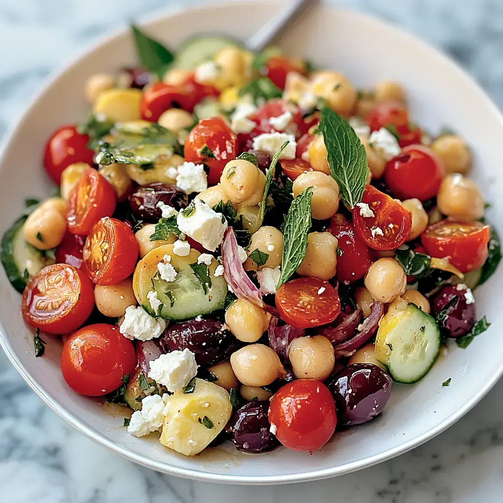 A vibrant mix of cucumbers, cherry tomatoes, chickpeas, olives, and feta, topped with mint leaves.