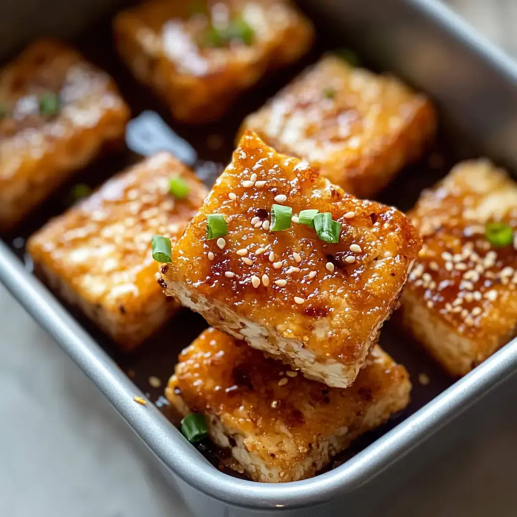 Golden tofu cubes sprinkled with sesame seeds and green onions in a dish, served with a soy-based sauce.