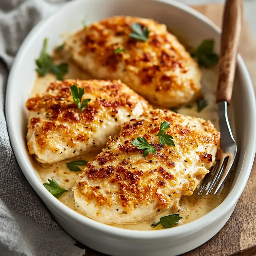 Golden baked chicken breasts on a plate with creamy sauce and parsley garnish.