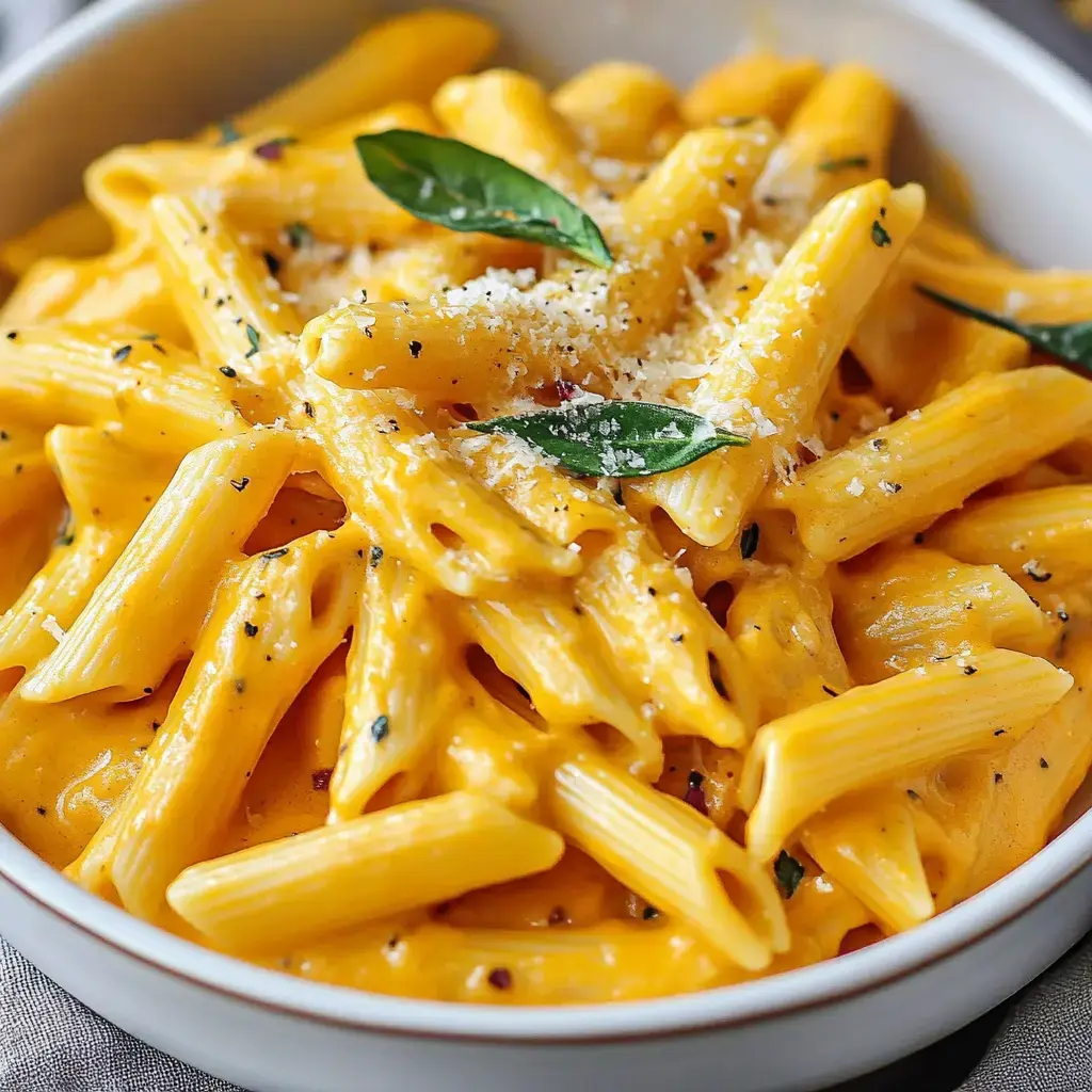 A plate of pumpkin creamy pasta sprinkled with cheese and basil leaves.