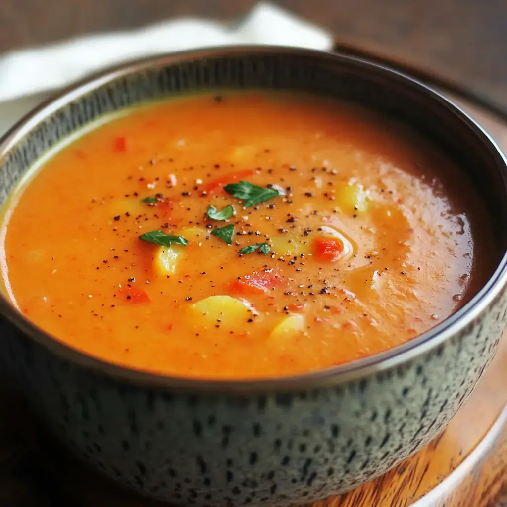 A steaming bowl of creamy soup garnished with herbs and black pepper.