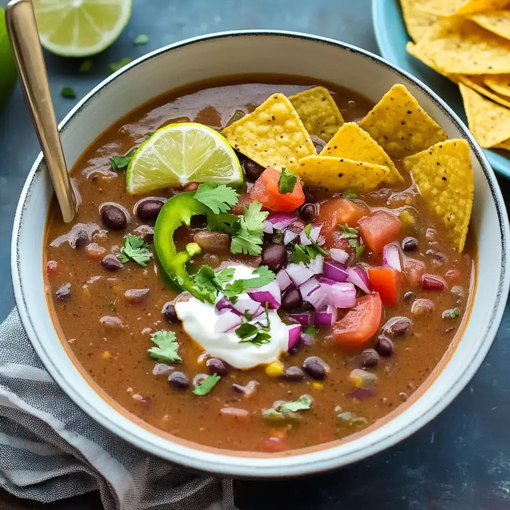 A bowl with black bean soup, topped with lime wedges, tortilla chips, diced tomatoes, jalapeños, red onion, cilantro, and sour cream. On the side, a plate of tortilla chips.
