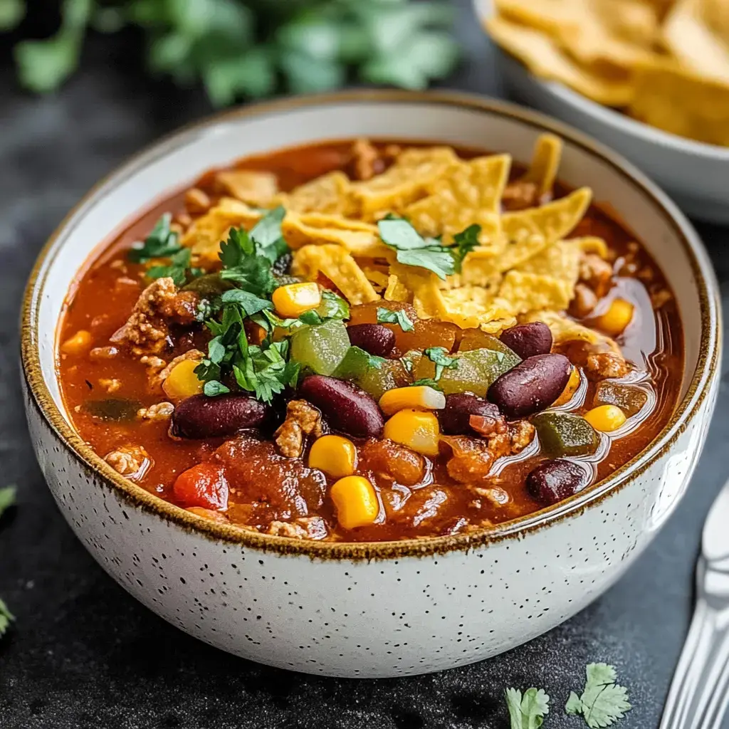 A comforting chili bowl with ground meat, beans, corn, green peppers, tortilla chips, and a sprinkle of fresh herbs.